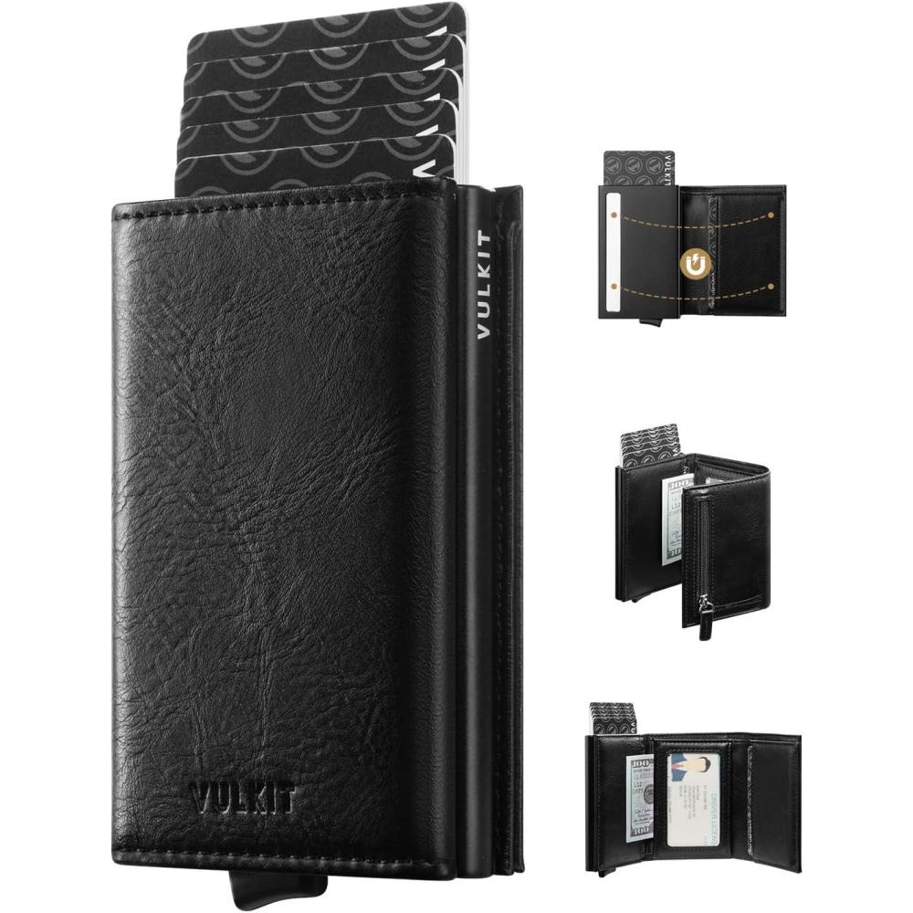 image:imageVULKIT Pop up Wallet RFID Blocking Leather Credit Card Wallet with Banknote Compartment ID Window amp Coin PocketBlack