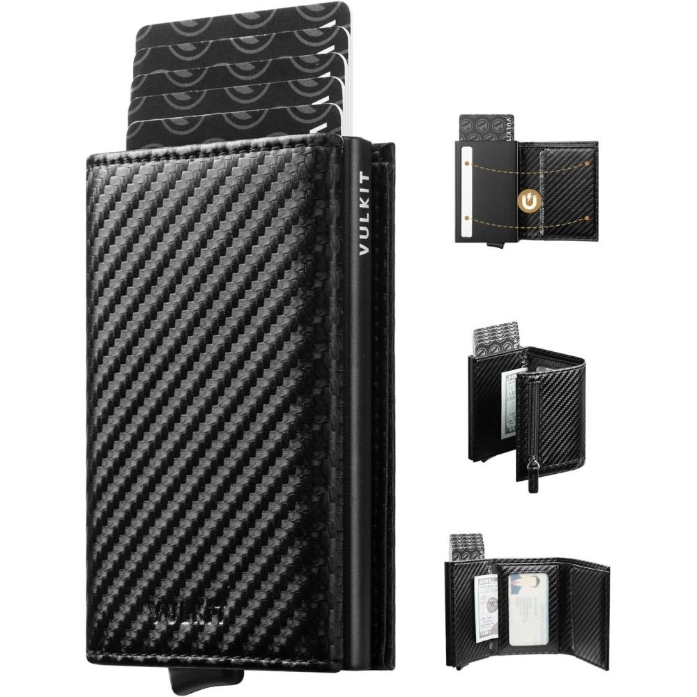 image:imageVULKIT Pop up Wallet RFID Blocking Leather Credit Card Wallet with Banknote Compartment ID Window amp Coin PocketCarbon Black