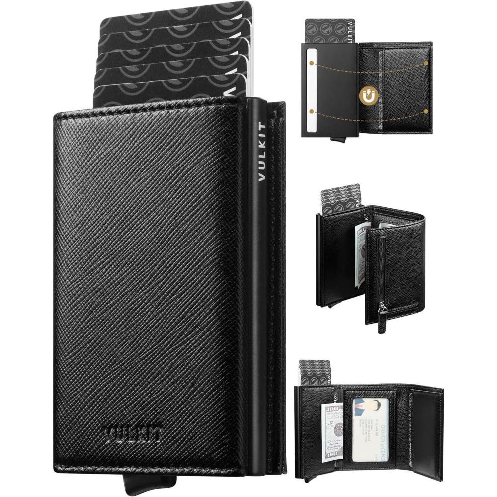 image:imageVULKIT Pop up Wallet RFID Blocking Leather Credit Card Wallet with Banknote Compartment ID Window amp Coin PocketCross Black