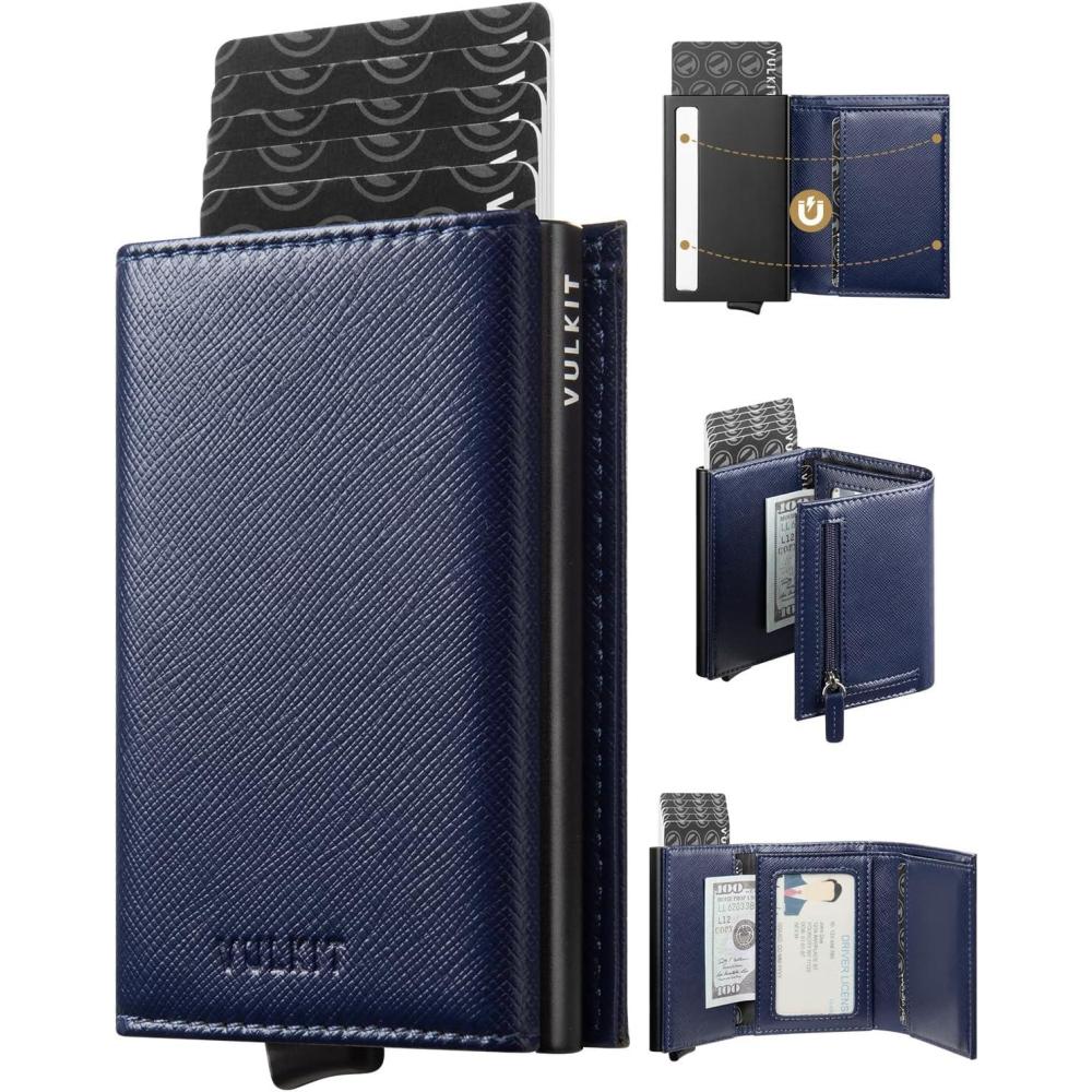 image:imageVULKIT Pop up Wallet RFID Blocking Leather Credit Card Wallet with Banknote Compartment ID Window amp Coin PocketCross Navy