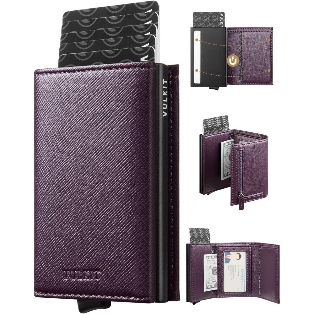 image:imageVULKIT Pop up Wallet RFID Blocking Leather Credit Card Wallet with Banknote Compartment ID Window amp Coin PocketCross Wine