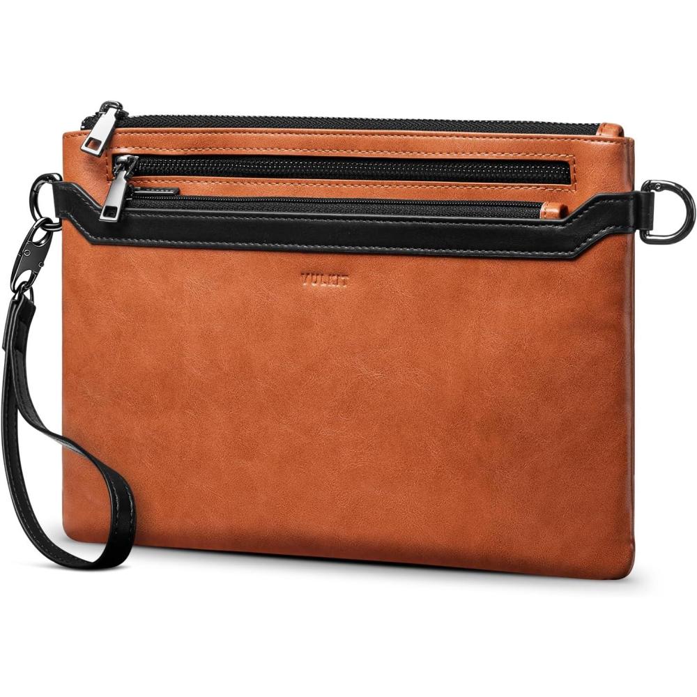 image:imageVULKIT RFID Blocking Clutch Bag for Men Large Mens Wristlet Wallet Business HandbagWhiskey Tan