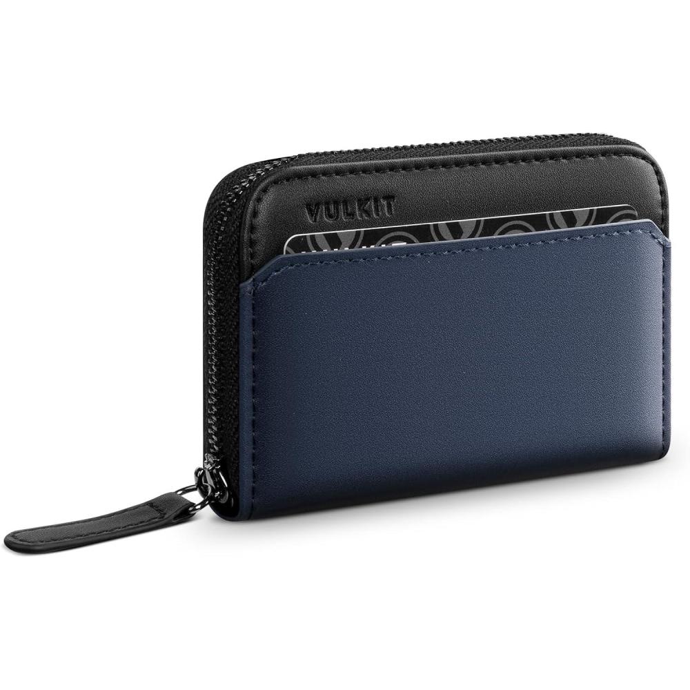 image:imageVULKIT RFID Blocking Credit Card Holder Leather Business Card Holder Case Minimalist Zipper Wallet Charcoal BlueCharcoal Blue