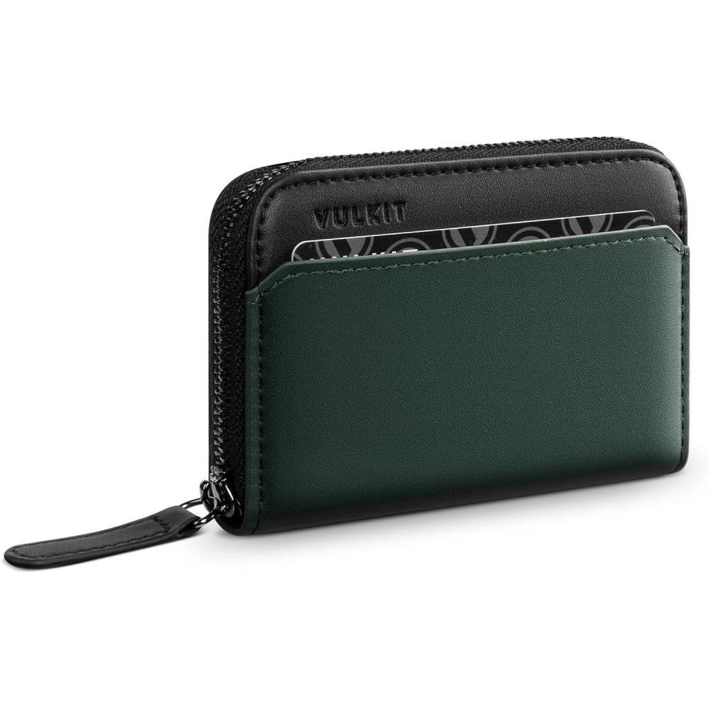 image:imageVULKIT RFID Blocking Credit Card Holder Leather Business Card Holder Case Minimalist Zipper Wallet Charcoal BluePine Green