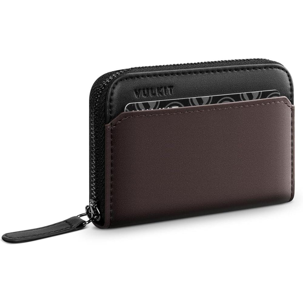 image:imageVULKIT RFID Blocking Credit Card Holder Leather Business Card Holder Case Minimalist Zipper Wallet Charcoal BlueWalnut Brown