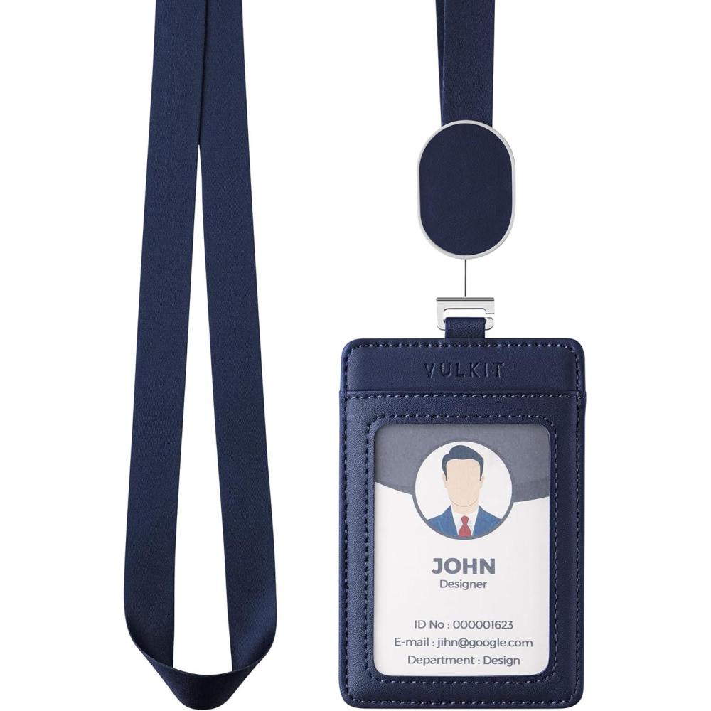 image:imageVULKIT Retractable Lanyard with Card Holder Vertical ID Badge Holder for Men or Women Bus Pass Holder ID Card Holders BrownBlue
