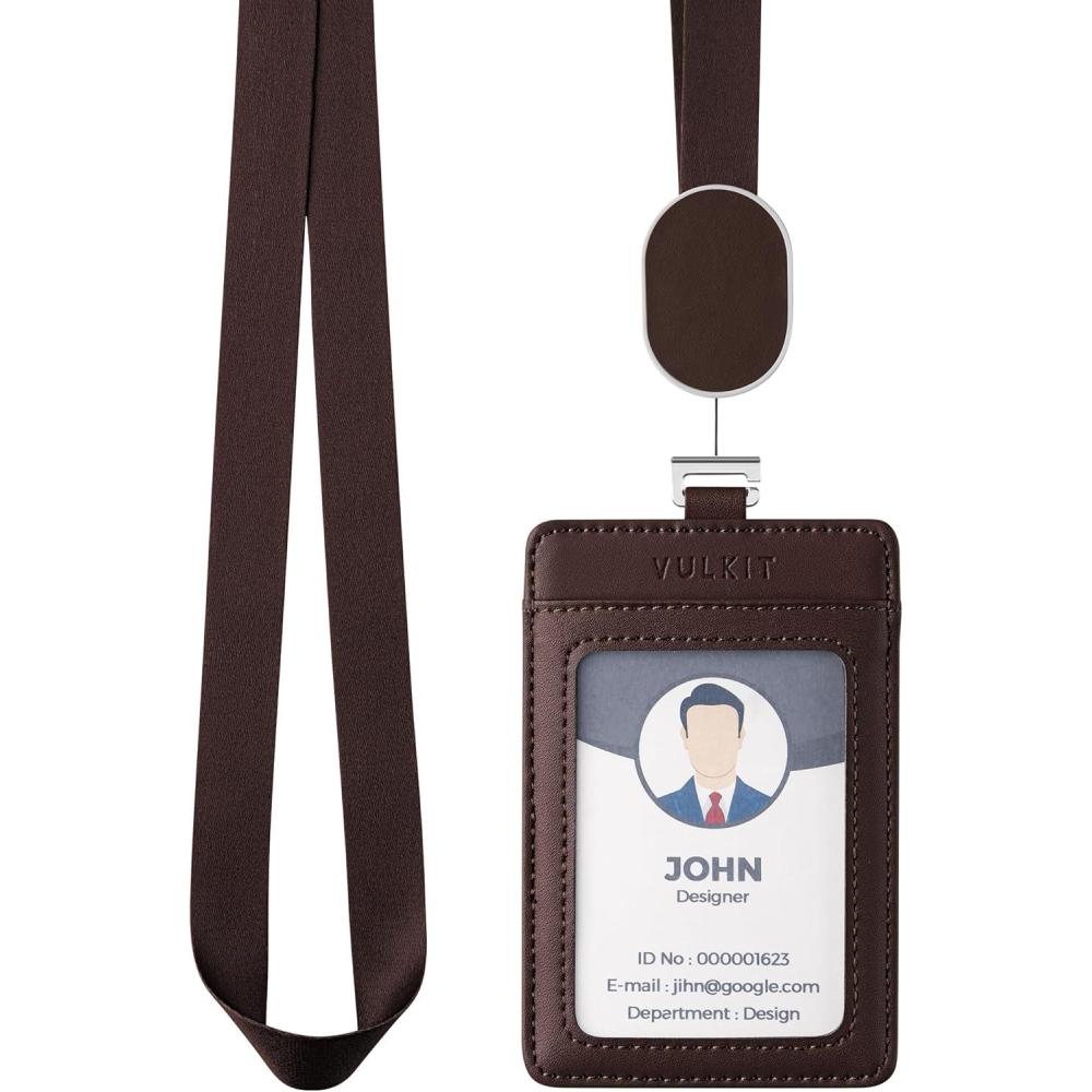 image:imageVULKIT Retractable Lanyard with Card Holder Vertical ID Badge Holder for Men or Women Bus Pass Holder ID Card Holders BrownBrown