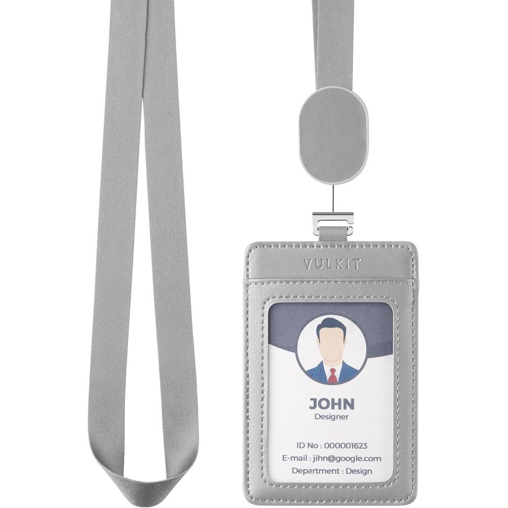 image:imageVULKIT Retractable Lanyard with Card Holder Vertical ID Badge Holder for Men or Women Bus Pass Holder ID Card Holders BrownGrey