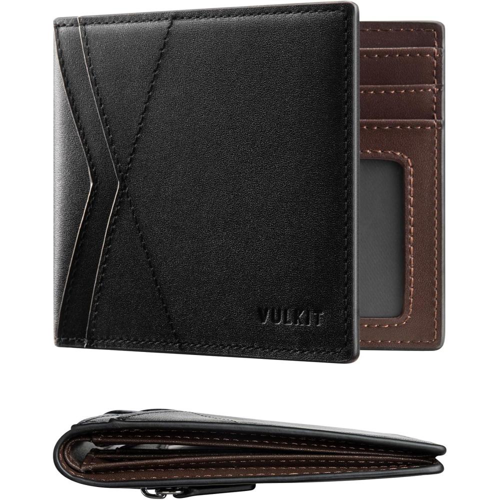 image:imageVULKIT Slim Leather Wallet for Men RFID Blocking Minimalist Bifold Wallet with Multiple Card Slots Cash Compartment Zipper Coin Pocket Gift Box Packed