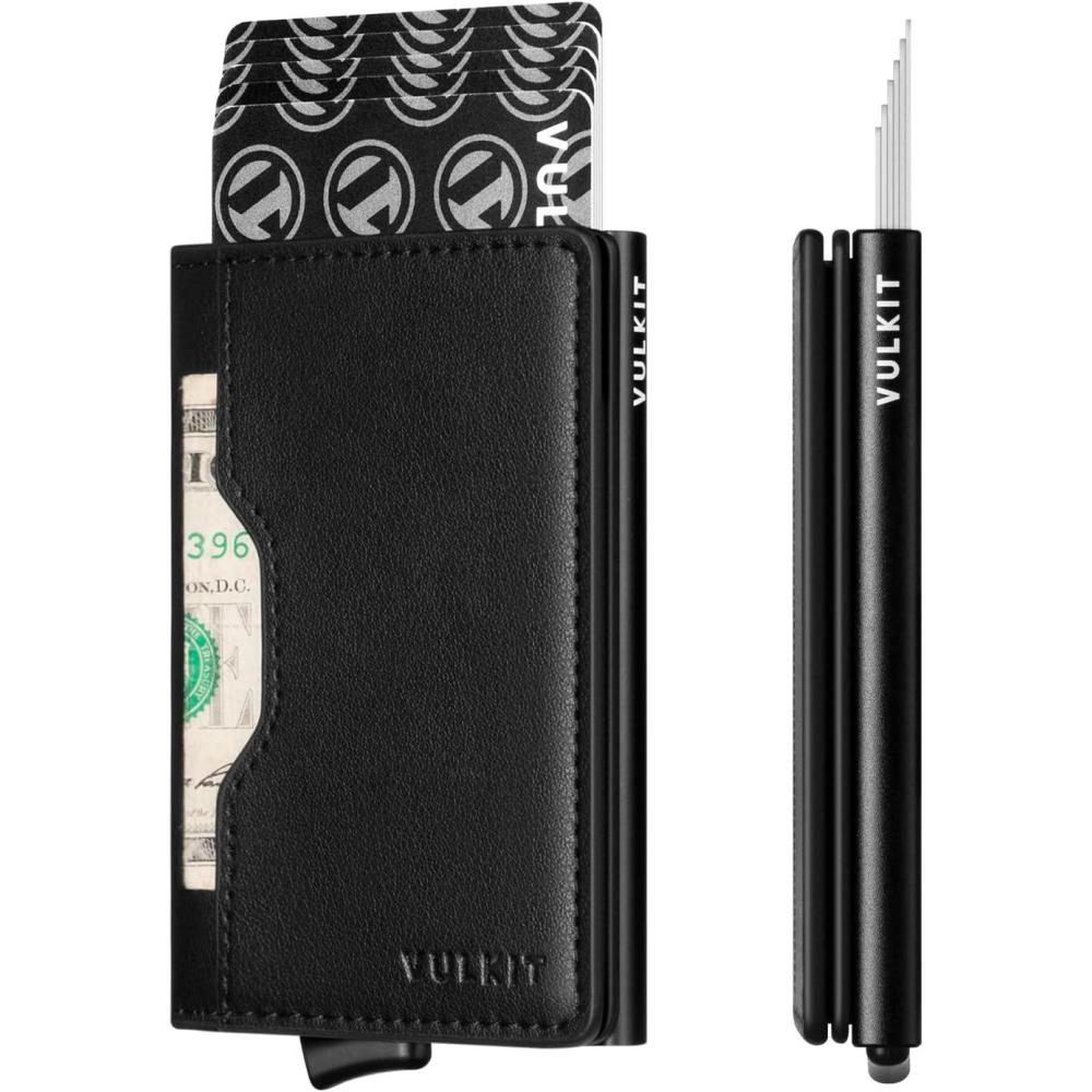 image:imageVULKIT Slim Pop up Wallet for Women Minimalist Credit Card Holder with Leather Slots Mens Bifold RFID Blocking Metal WalletsBlack