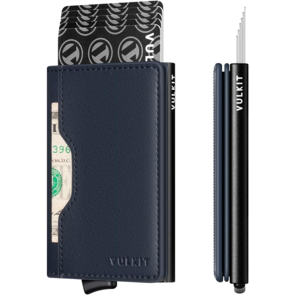 image:imageVULKIT Slim Pop up Wallet for Women Minimalist Credit Card Holder with Leather Slots Mens Bifold RFID Blocking Metal WalletsNavy