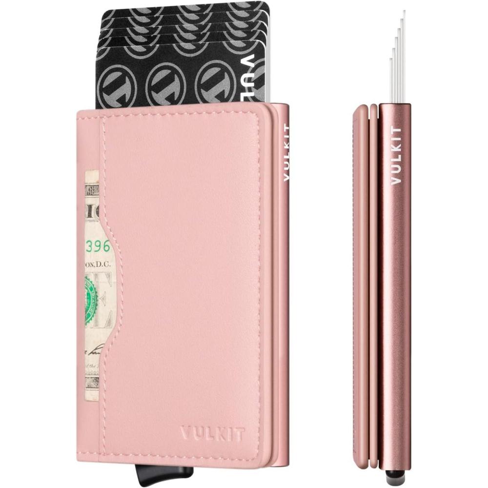 image:imageVULKIT Slim Pop up Wallet for Women Minimalist Credit Card Holder with Leather Slots Mens Bifold RFID Blocking Metal WalletsRose
