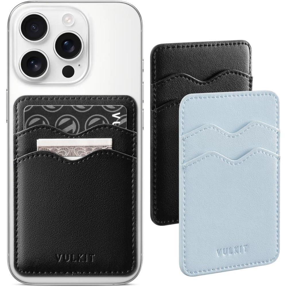 image:imageVULKIT Stick on Card Holder Compatible for iphone Leather Cell Phone Wallet Credit Card Case Strong Sticker for WomenBlackBlue