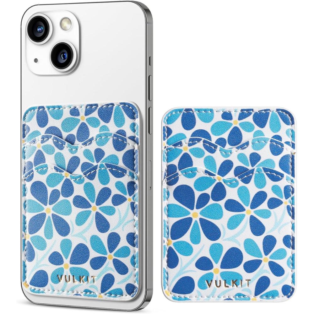 image:imageVULKIT Stick on Card Holder Compatible for iphone Leather Cell Phone Wallet Credit Card Case Strong Sticker for WomenBlue Bloom
