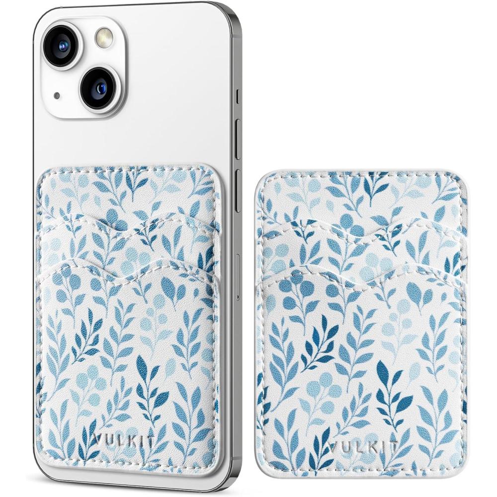 image:imageVULKIT Stick on Card Holder Compatible for iphone Leather Cell Phone Wallet Credit Card Case Strong Sticker for WomenBlue Floral