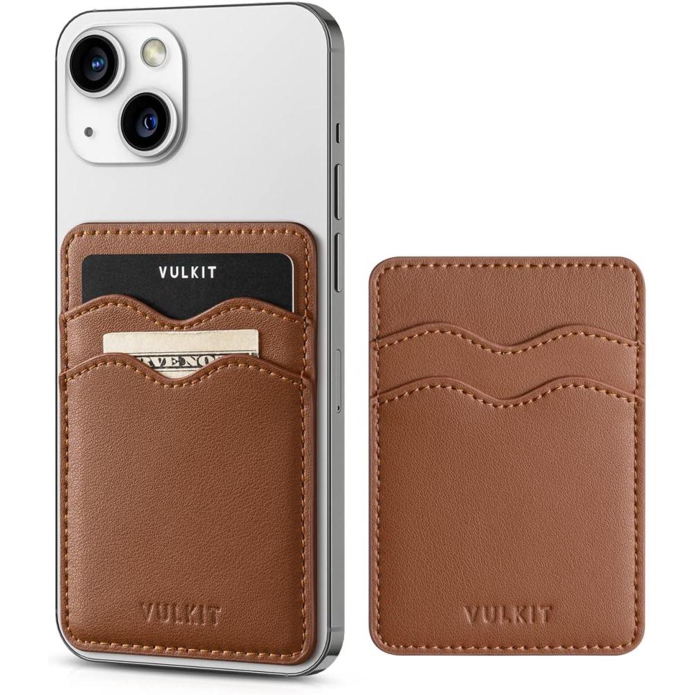 image:imageVULKIT Stick on Card Holder Compatible for iphone Leather Cell Phone Wallet Credit Card Case Strong Sticker for WomenBrown