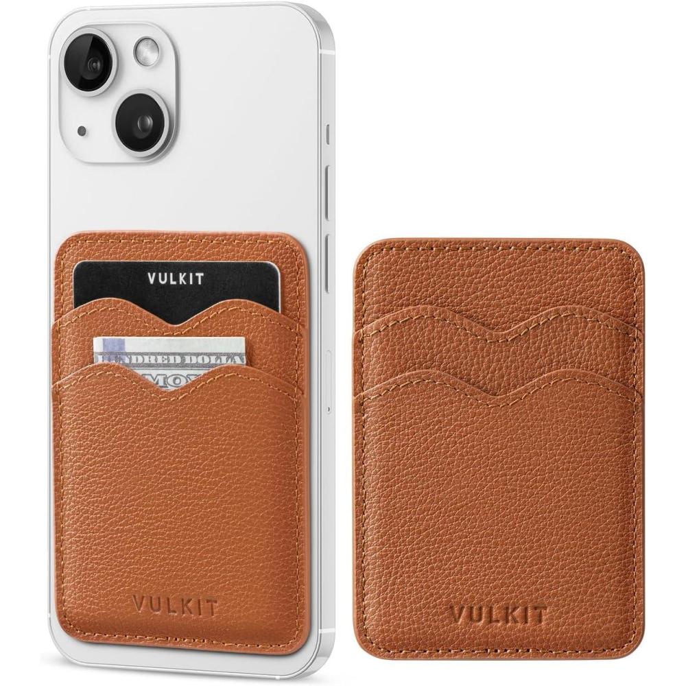 image:imageVULKIT Stick on Card Holder Compatible for iphone Leather Cell Phone Wallet Credit Card Case Strong Sticker for WomenGenuine Brown