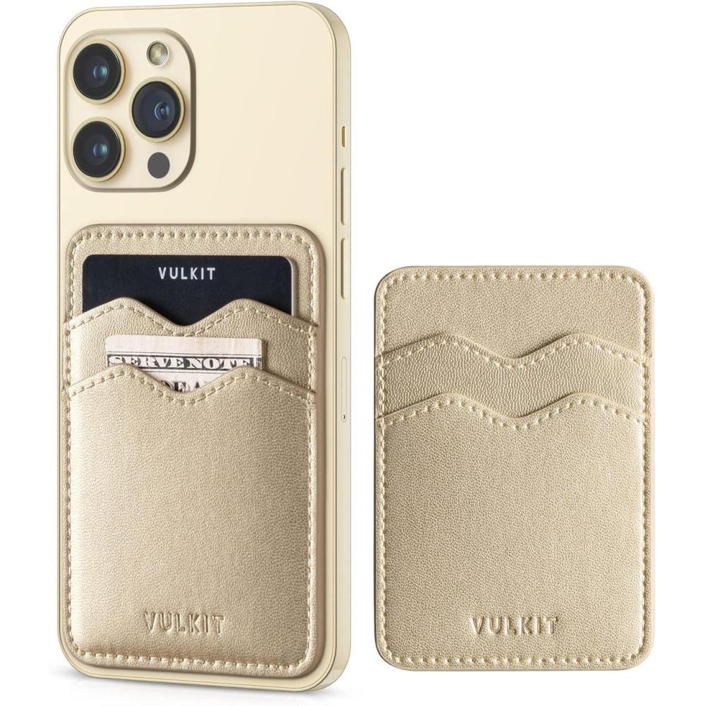 image:imageVULKIT Stick on Card Holder Compatible for iphone Leather Cell Phone Wallet Credit Card Case Strong Sticker for WomenGold