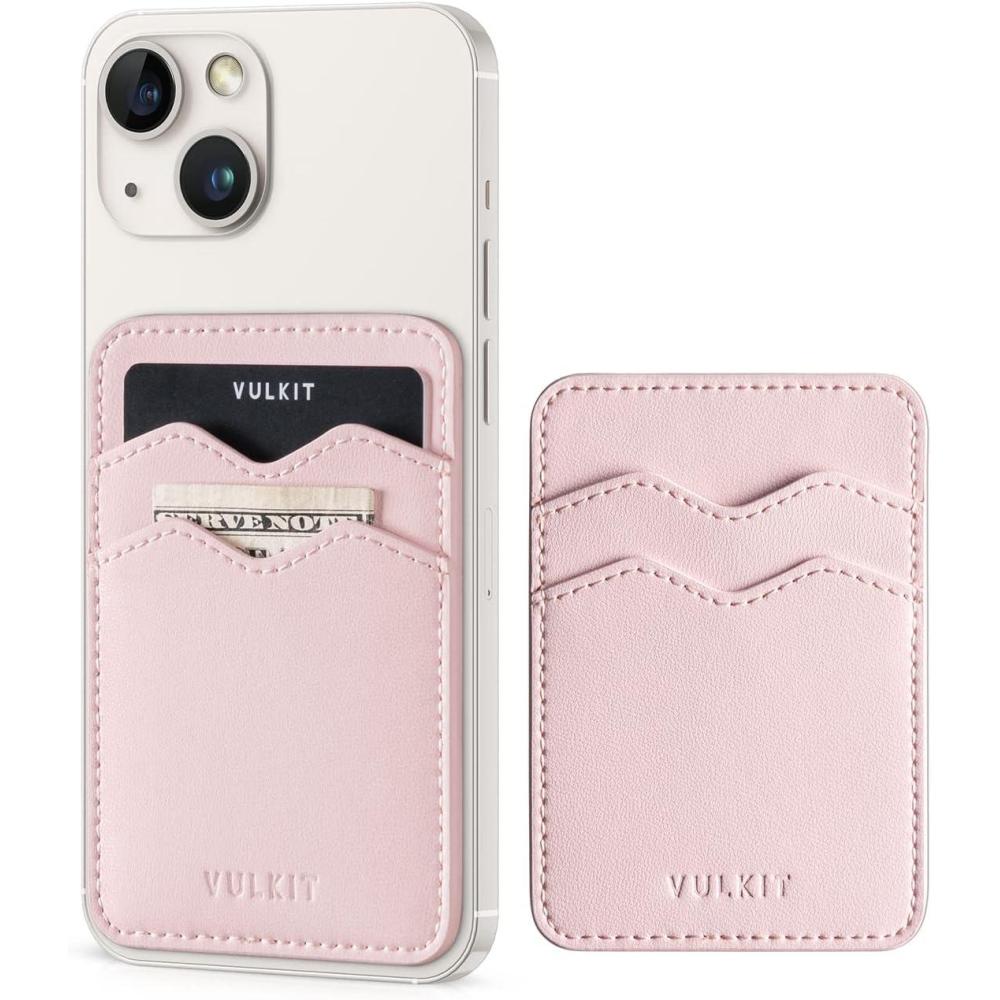 image:imageVULKIT Stick on Card Holder Compatible for iphone Leather Cell Phone Wallet Credit Card Case Strong Sticker for WomenPink