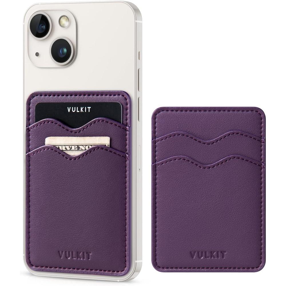 image:imageVULKIT Stick on Card Holder Compatible for iphone Leather Cell Phone Wallet Credit Card Case Strong Sticker for WomenPurple