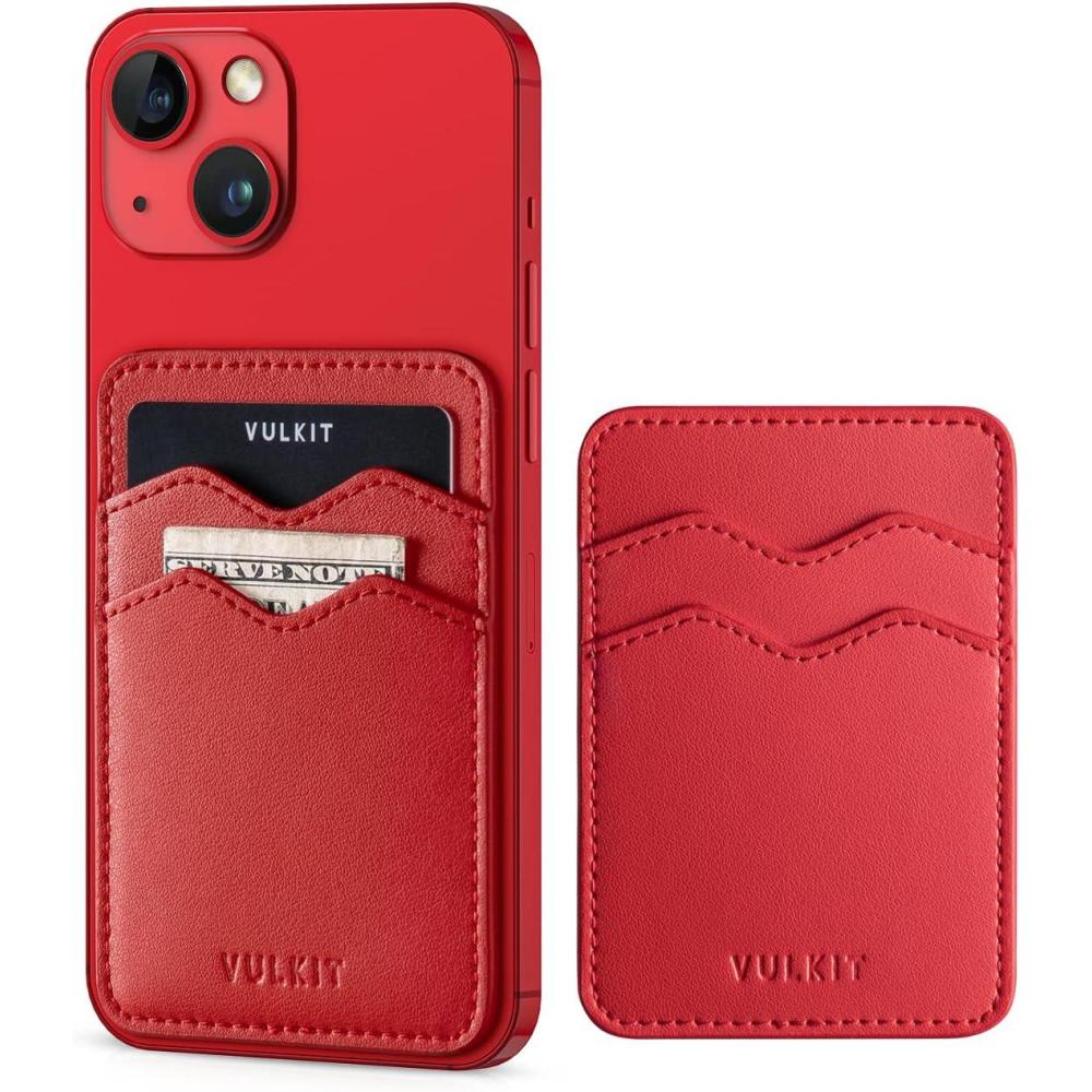 image:imageVULKIT Stick on Card Holder Compatible for iphone Leather Cell Phone Wallet Credit Card Case Strong Sticker for WomenRed