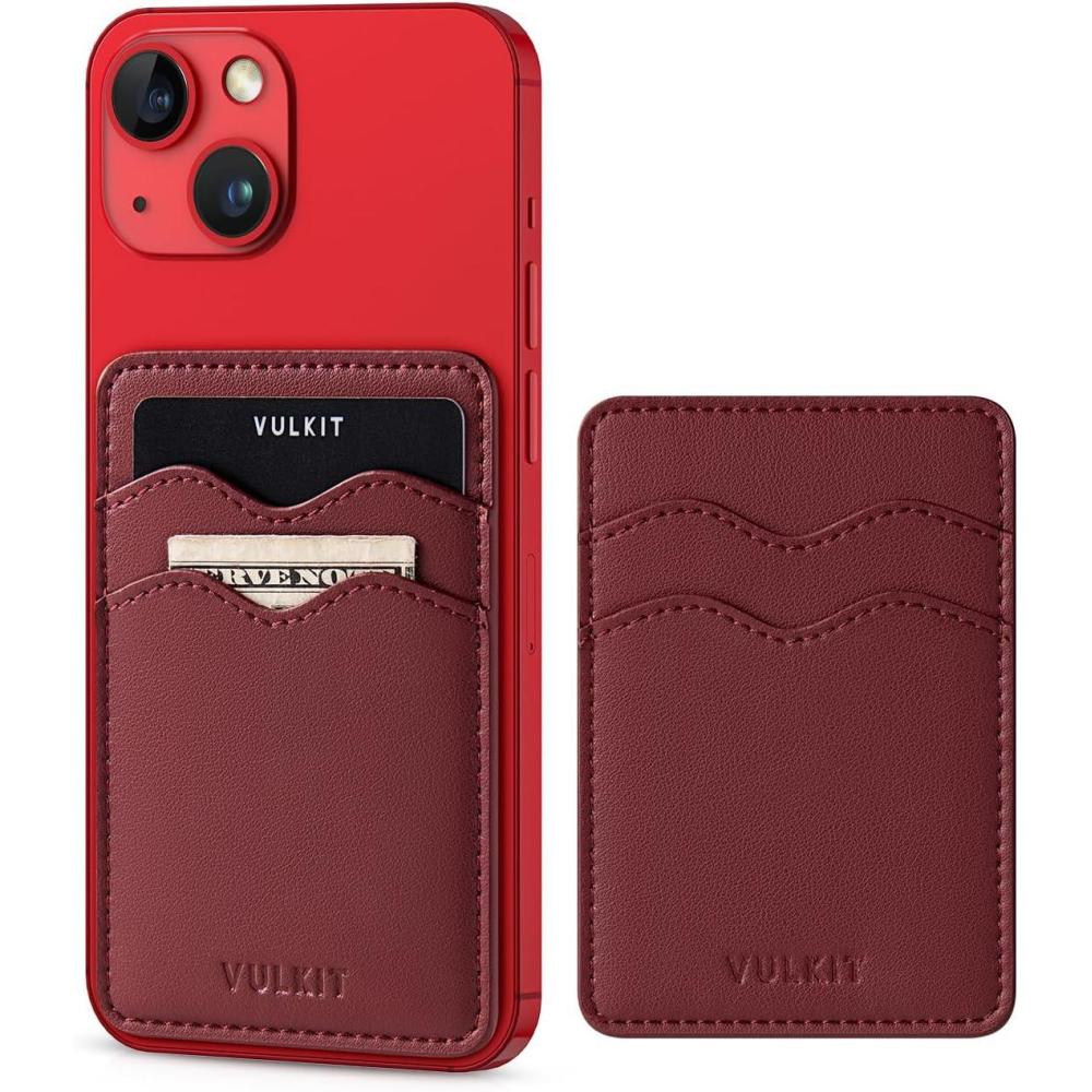 image:imageVULKIT Stick on Card Holder Compatible for iphone Leather Cell Phone Wallet Credit Card Case Strong Sticker for WomenWine
