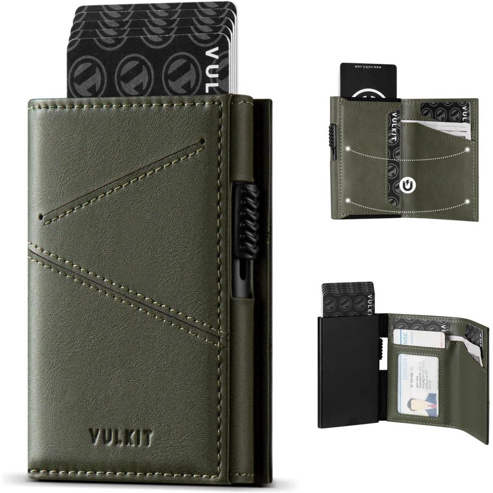 image:imageVULKIT Trifold Pop Up Men Wallet Leather RFID Blocking Credit Card Holder Metal Card Case Hold 10 Cards and Bills Black MinimalistGreen