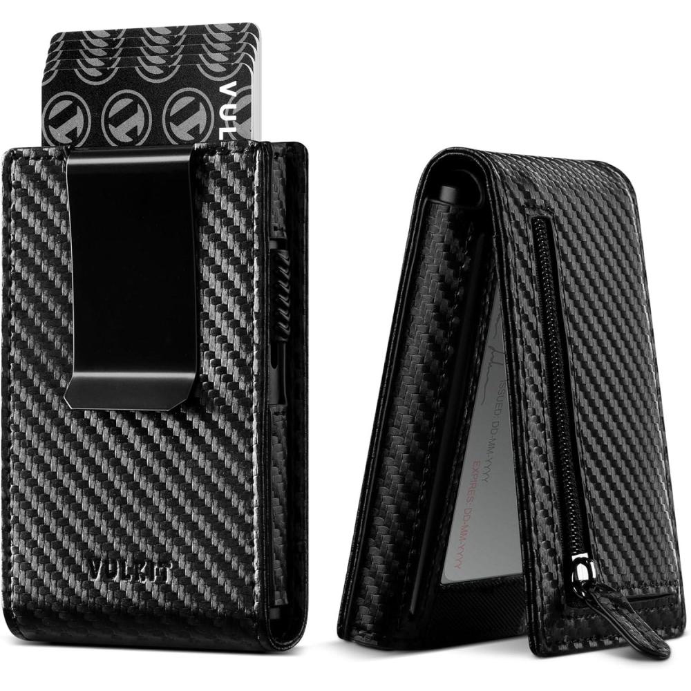 image:imageVULKIT Wallet for Men RFID Blocking Leather Wallet with Money Clip Pop Up Card Wallet with ID Window amp Family Photo WindowCarbon Fiber Black