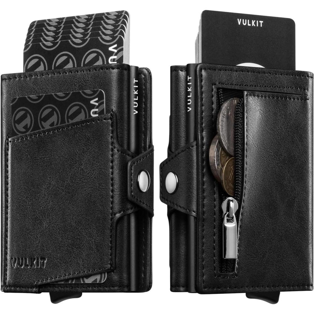 image:imageVULKIT Wallet for Men with Pop Up Card Holder 1012 Cards Trifold RFID Blocking Credit Card Wallet with ID Window Cash Slot Zip Coin Pocket Minimalist Smart Compact Metal Aluminum Card CaseJet Black