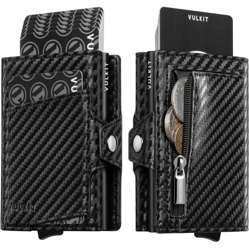 image:imageVULKIT Wallet for Men with Pop Up Card Holder 1012 Cards Trifold RFID Blocking Credit Card Wallet with ID Window Cash Slot Zip Coin Pocket Minimalist Smart Compact Metal Aluminum Card CaseCarbon Fiber