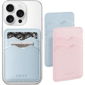 VULKIT 2 Pack Stick on Card Holder Compatible for iphone Leather Cell Phone Wallet Credit Card Case Strong Sticker for Women,Blue,Pink
