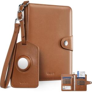 VULKIT Airtag Passport Holder for Travel, RFID Blocking Travel Wallet, Passport Cover for Family with Luggage Tag & Wrist Strap, Holds ID Card, 6+ Cards, Tickets, Cash, Coin, Blue, Family 4 persons(Brown)