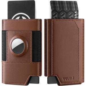 VULKIT Airtag Wallet Mens Minimalist Pop Up Wallet with Money Band & AirTag Holder, RFID Protected(Brown)