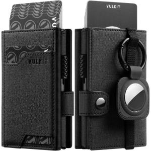 VULKIT Airtag Wallet with Keyring Mens Pop up Credit Card Wallet Compatiable with Air Tag Holder Trifold ID Window RFID Blocking(Black)