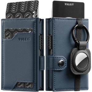 VULKIT Airtag Wallet with Keyring Mens Pop up Credit Card Wallet Compatiable with Air Tag Holder Trifold ID Window RFID Blocking(Blue)