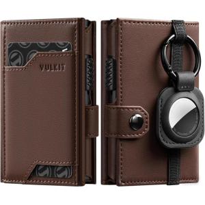 VULKIT Airtag Wallet with Keyring Mens Pop up Credit Card Wallet Compatiable with Air Tag Holder Trifold ID Window RFID Blocking(Brown)