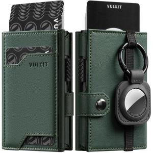 VULKIT Airtag Wallet with Keyring Mens Pop up Credit Card Wallet Compatiable with Air Tag Holder Trifold ID Window RFID Blocking(New-Green)