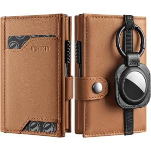 VULKIT Airtag Wallet with Keyring Mens Pop up Credit Card Wallet Compatiable with Air Tag Holder Trifold ID Window RFID Blocking(Top Grain Cowhide Brown)
