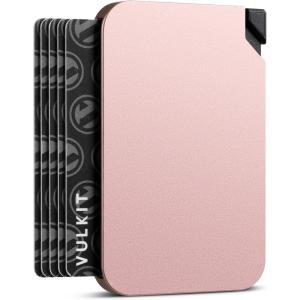 VULKIT Aluminum Card Holder Pop up RFID Blocking Slim Wallet for Men and Women, Holds 5 Cards Minimalist Metal Card Case Wine(Rose-Gold)
