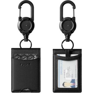 VULKIT Badge Holder Retractable Clip, Leather Bifold Double ID Card Holder, Retractable Keychain Carabiner, Holds 5 Cards, Keys Black(Black)