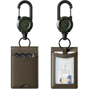 VULKIT Badge Holder Retractable Clip, Leather Bifold Double ID Card Holder, Retractable Keychain Carabiner, Holds 5 Cards, Keys Black(Green)