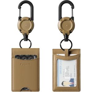 VULKIT Badge Holder Retractable Clip, Leather Bifold Double ID Card Holder, Retractable Keychain Carabiner, Holds 5 Cards, Keys Black(Khaki)