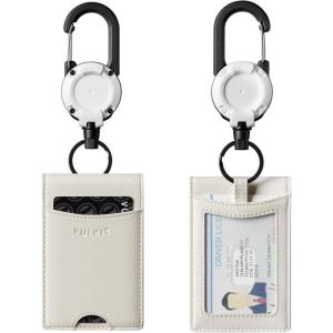 VULKIT Badge Holder Retractable Clip, Leather Bifold Double ID Card Holder, Retractable Keychain Carabiner, Holds 5 Cards, Keys Black(White)