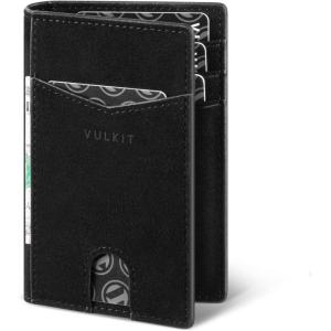 VULKIT Bifold Front Pocket Slim Wallet RFID Blocking Minimalist Thin Leather Credit Card Holder Wallet for Men and Women Brown(Alcantara Black)