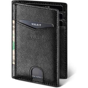 VULKIT Bifold Front Pocket Slim Wallet RFID Blocking Minimalist Thin Leather Credit Card Holder Wallet for Men and Women Brown(Cross Black)