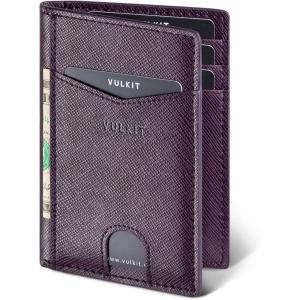 VULKIT Bifold Front Pocket Slim Wallet RFID Blocking Minimalist Thin Leather Credit Card Holder Wallet for Men and Women Brown(Cross Wine)