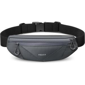 VULKIT Casual Lightweight Fanny Pack for Women & Men, Outdoor Belt Bag to Free Your Hands, Nylon Waterproof Waist Bag with Adjustable Elastic Band, Small Slim Fit Fashion Waist Pack, Black(Grey)