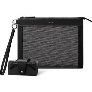 VULKIT Clutch Bag for Men with Removable Glasses Case, Large Mens Wrist Band Wallet, Business Hand Bag, Navy Blue(Charcoal Black)
