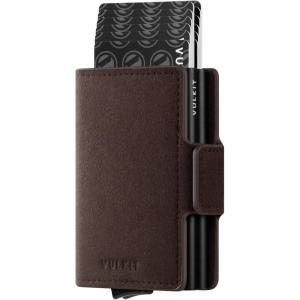 VULKIT Credit Card Holder RFID Blocking Leather Automatic Pop Up Wallet Magnetic Wallet Double Card Case for Men and Women(Alcantara Brown)