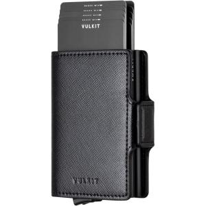 VULKIT Credit Card Holder RFID Blocking Leather Automatic Pop Up Wallet Magnetic Wallet Double Card Case for Men and Women(Cross Black)